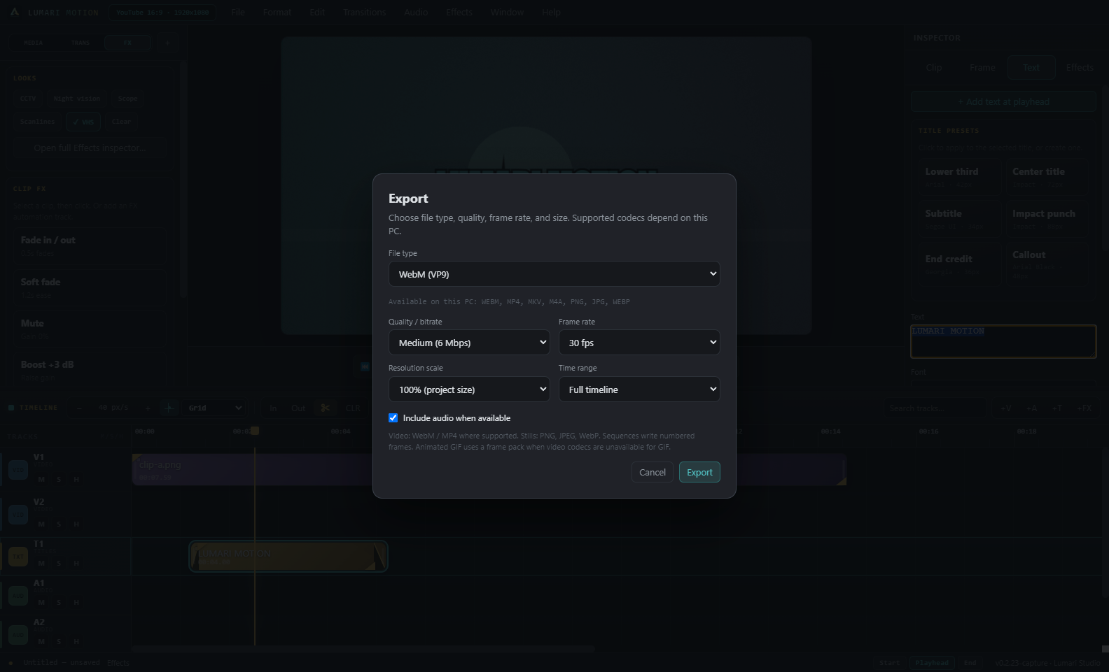Lumari Motion titles and export dialog