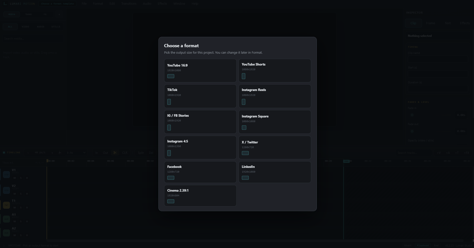 Lumari Motion timeline and format presets