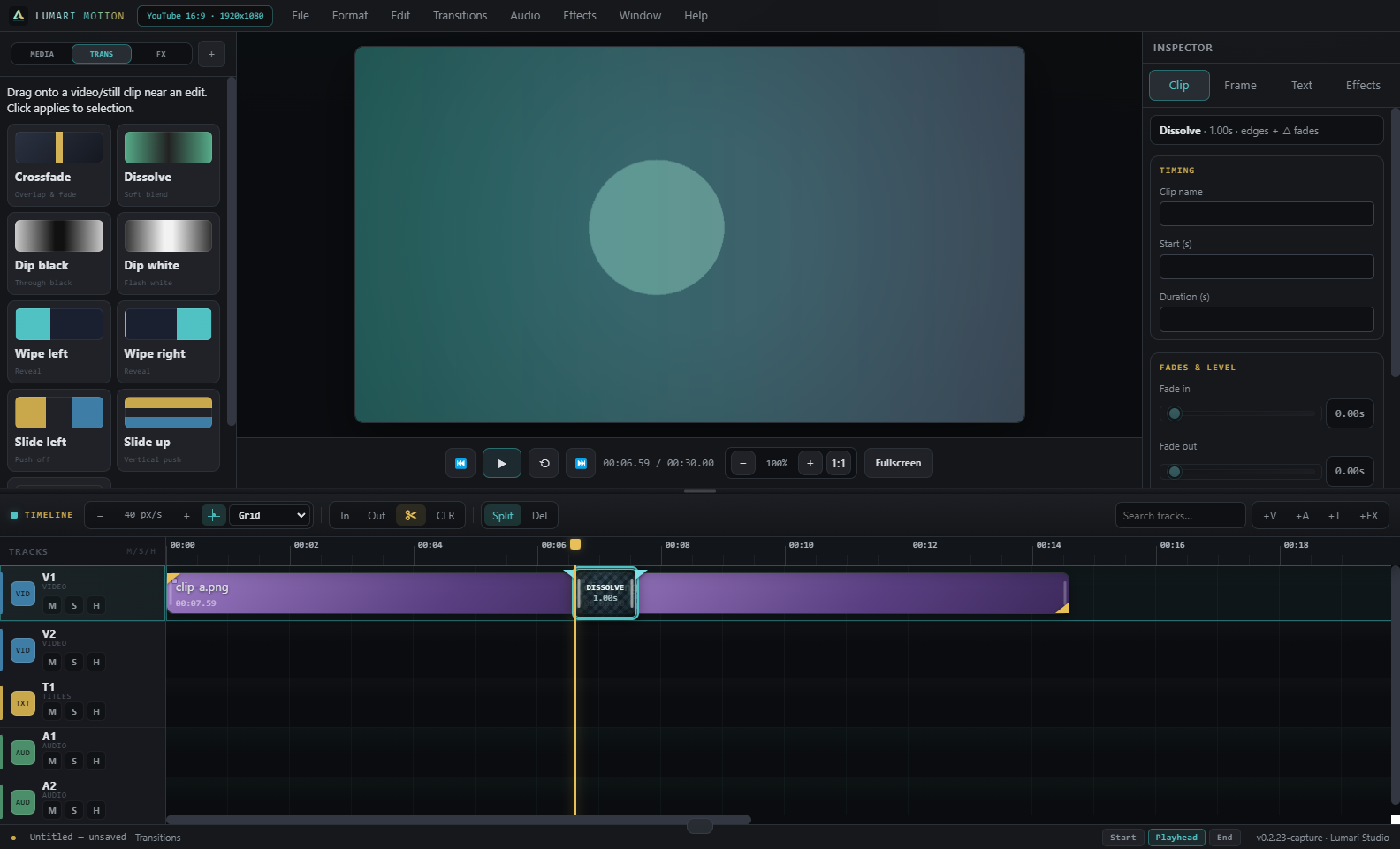Lumari Motion transition blocks on the timeline