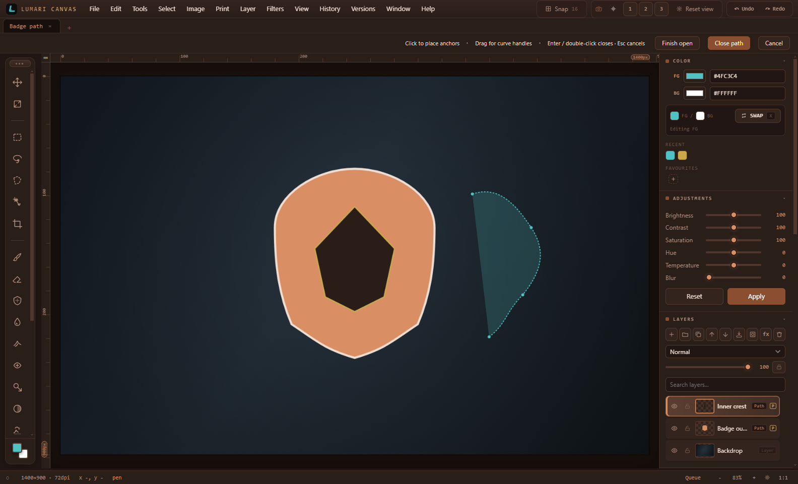 Lumari Canvas pen tool with editable path anchors