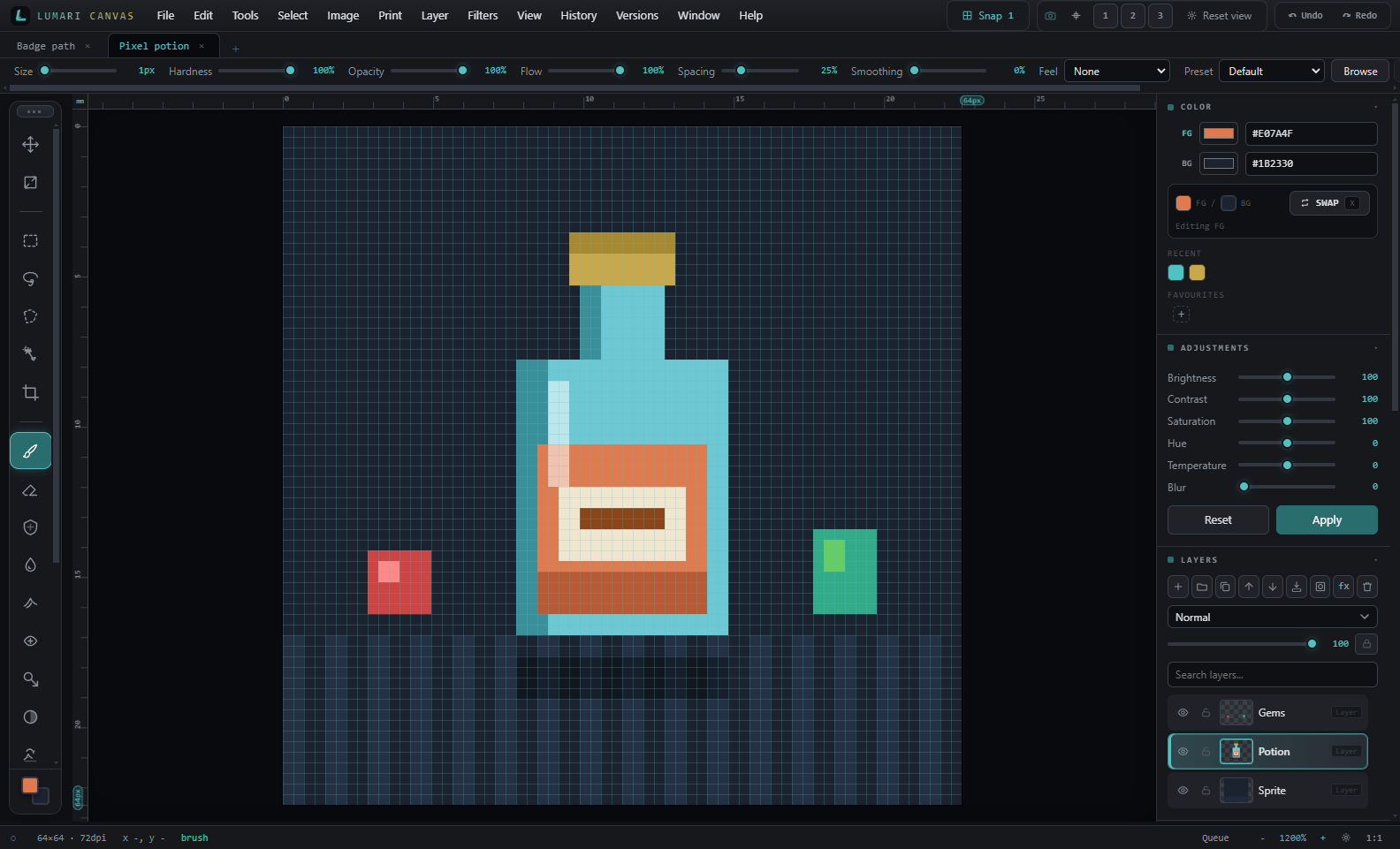 Lumari Canvas pixel art mode with 1px grid and hard brush