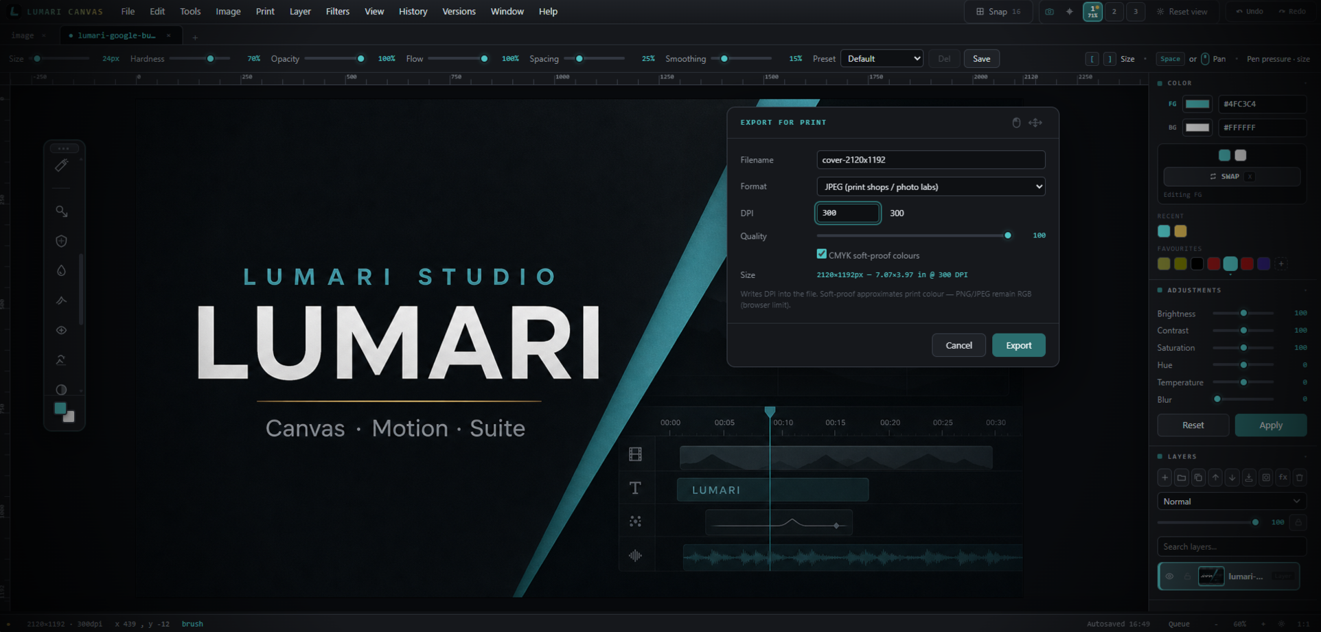 Lumari Canvas print and export tools included in Suite