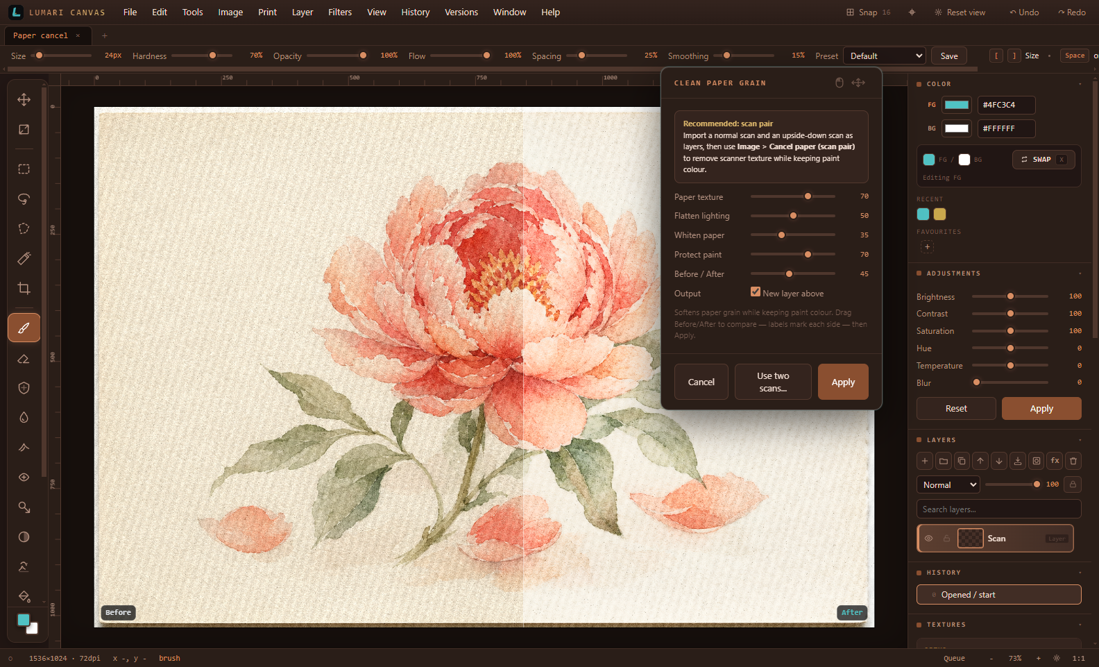 Lumari Canvas cancel paper texture with Before and After labels on each side of the wipe