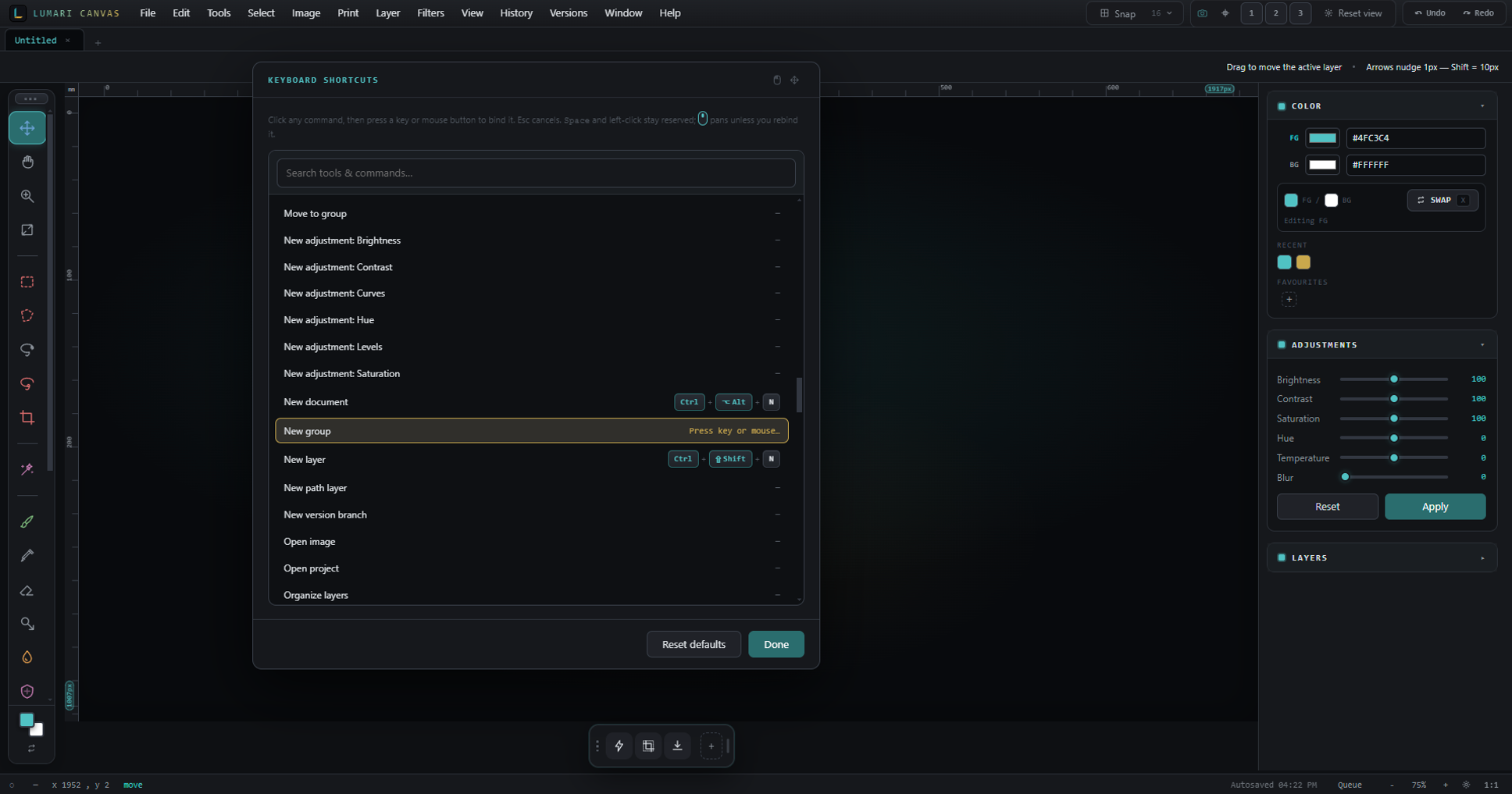 Lumari Canvas keyboard shortcuts panel binding any command to a custom key