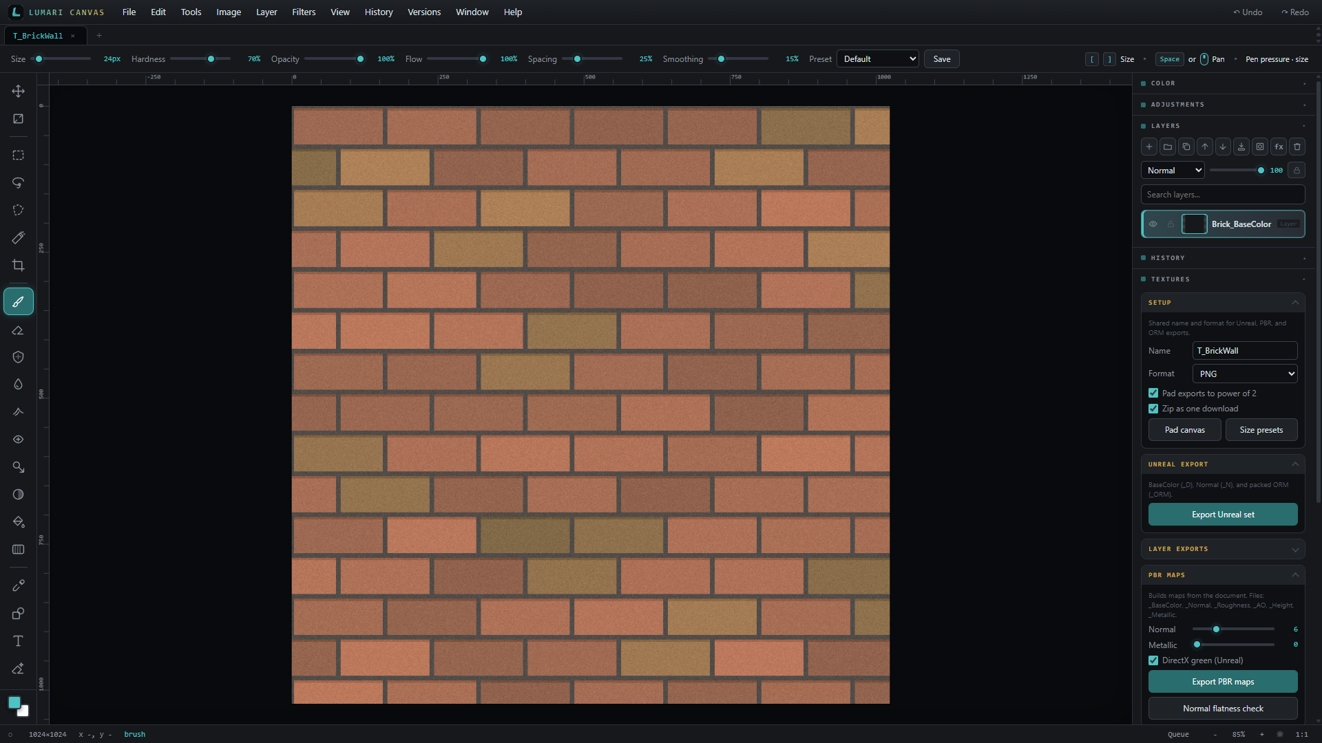 Lumari Canvas textures panel with brick BaseColor and Unreal PBR export options