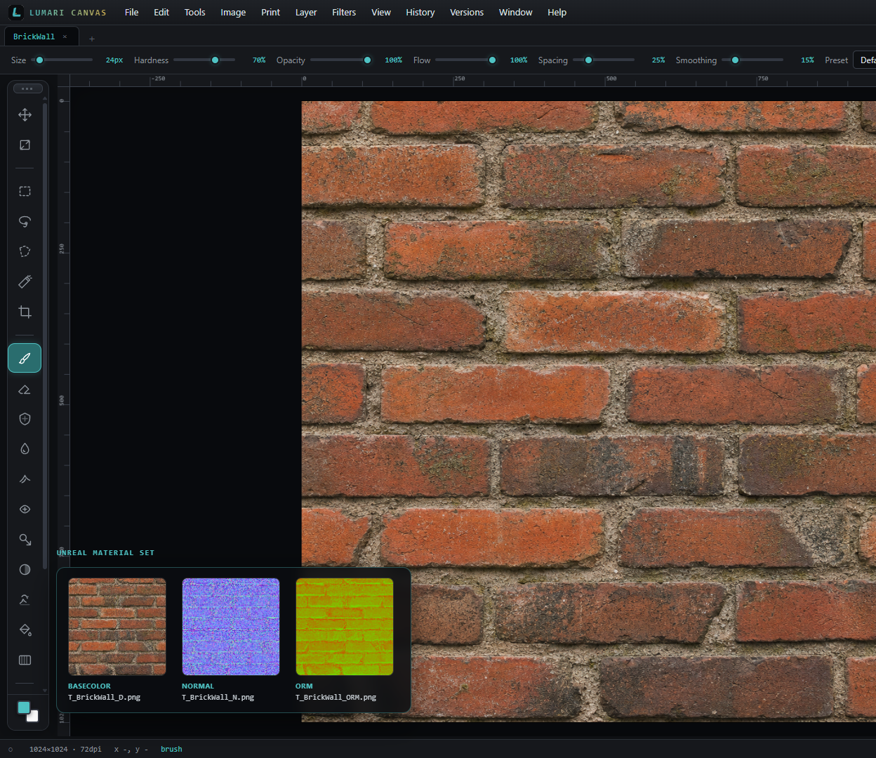 Lumari Canvas exporting a brick wall as separate Unreal material maps BaseColor Normal and ORM