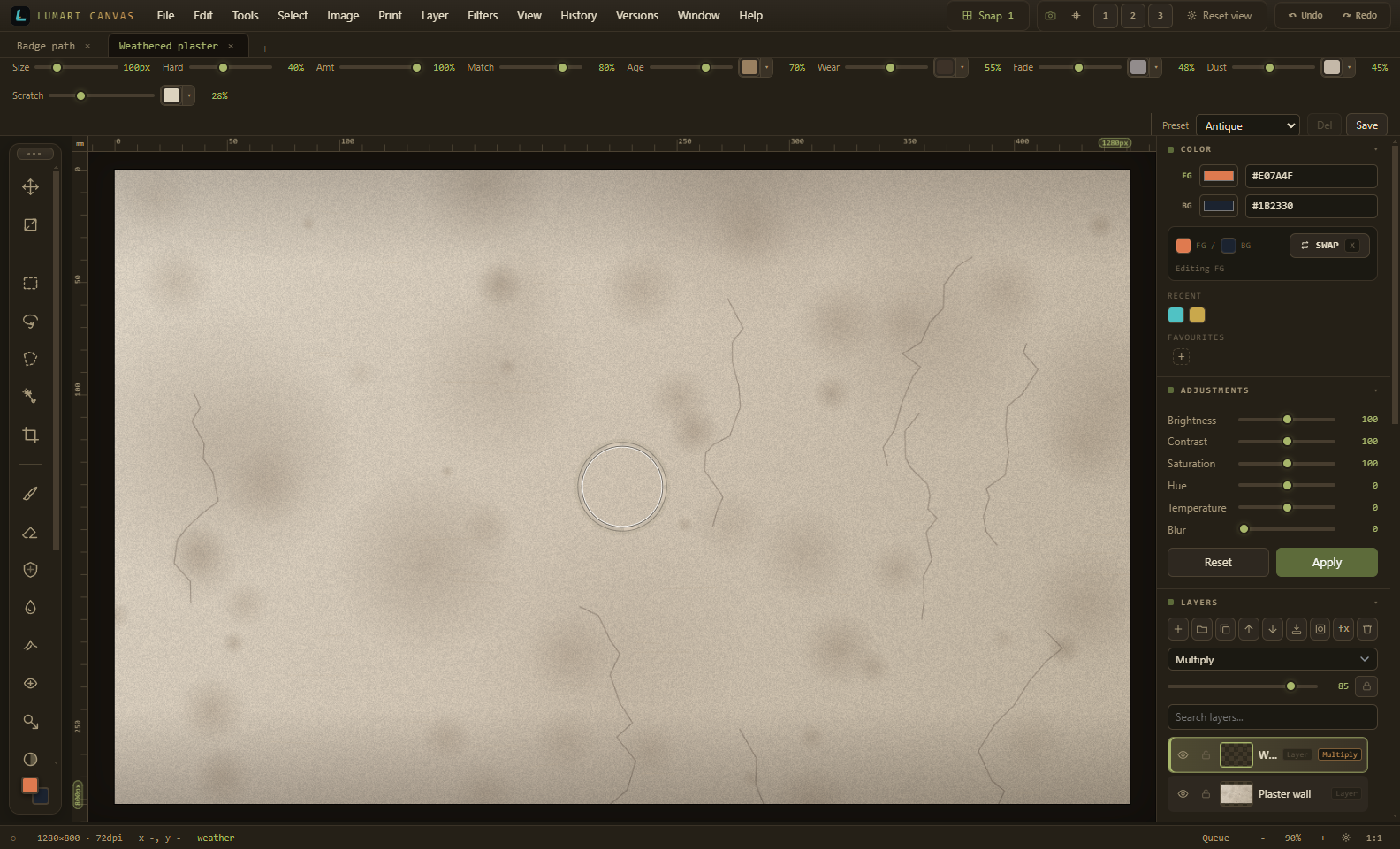 Lumari Canvas weather and age brush options with presets